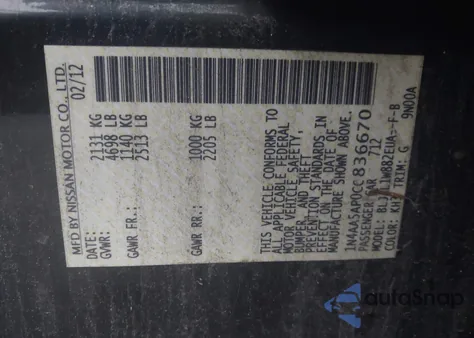 2012 Nissan Maxima 3.5 Sv из США, поврежденный, VIN 1N4AA5AP0CC836670